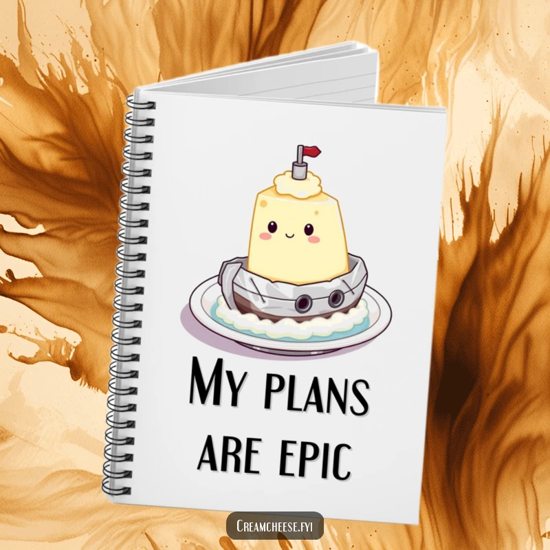 Funny Notebook cover with a cream cheese character sailing in a foil tugboat, great for jotting down spreadable voyage plans.