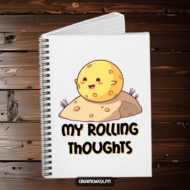 Funny notebook cover with a chubby, happy cheese ball rolling down a hill, perfect for jotting down notes with humor.