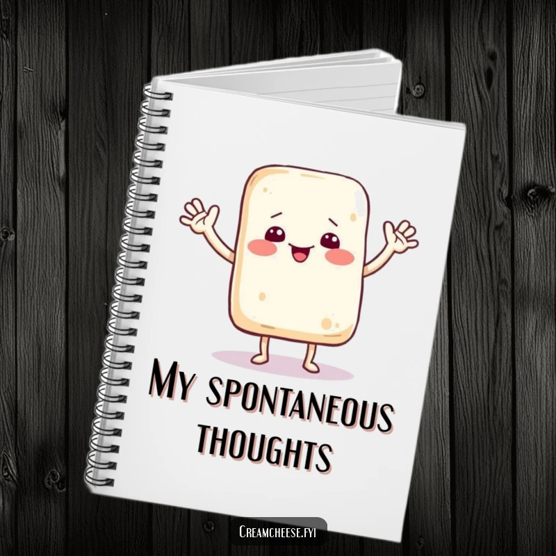 Funny notebook cover with a joyful cream cheese bag character dancing and waving hello, ideal for capturing notes and doodles.