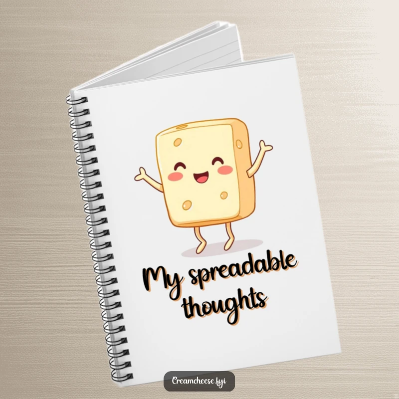 Funny Notebook: A cheerful block of cream cheese with tiny legs is depicted dancing a jig, perfect for jotting down recipe ideas.