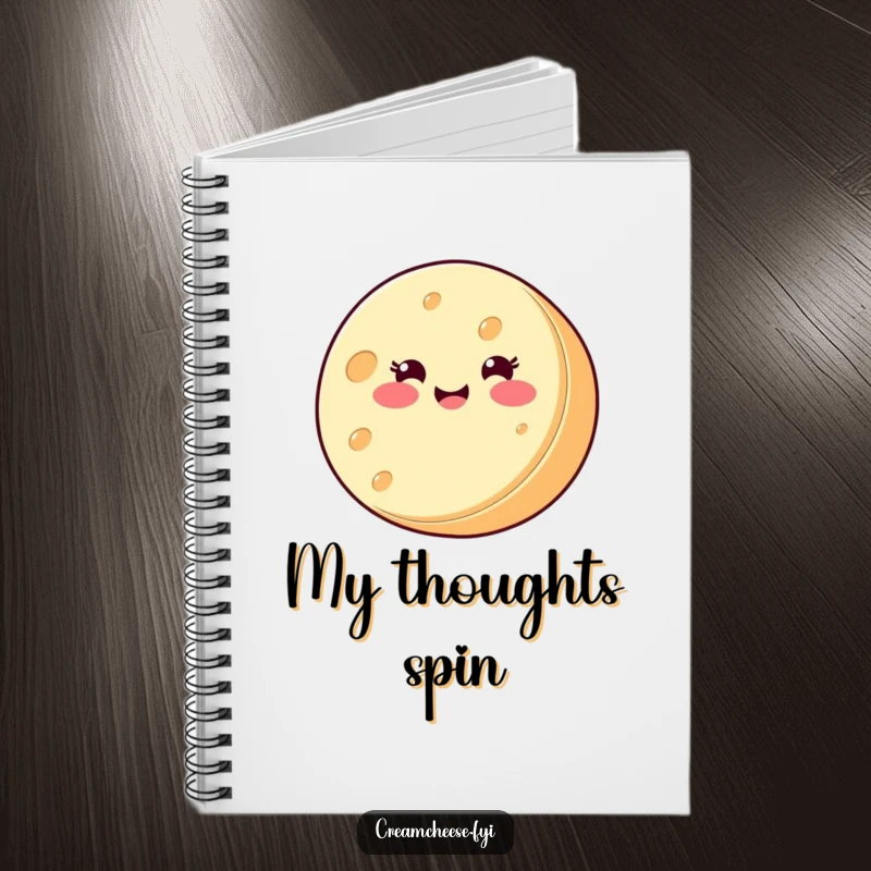 Funny Notebook: A smiling round cream cheese wheel spins joyfully on its side, perfect for jotting down tasty ideas.