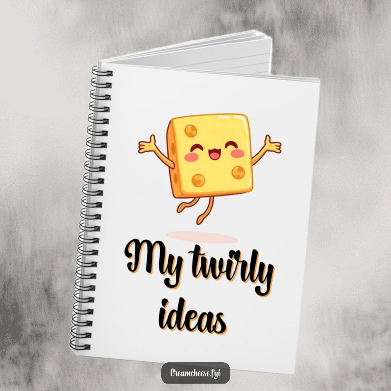 Funny notebook cover with a happy cheese cube performing a joyful pirouette, perfect for jotting down notes.