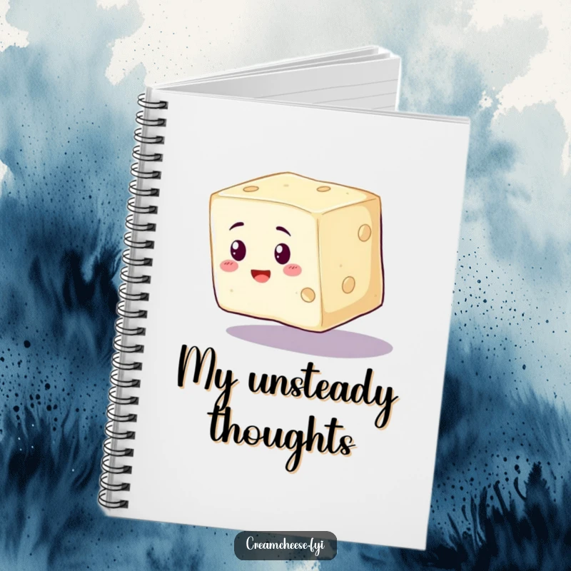Funny Cream Cheese Notebook featuring a wobbly cream cheese cube wobbling precariously, great for jotting down foodie ideas.