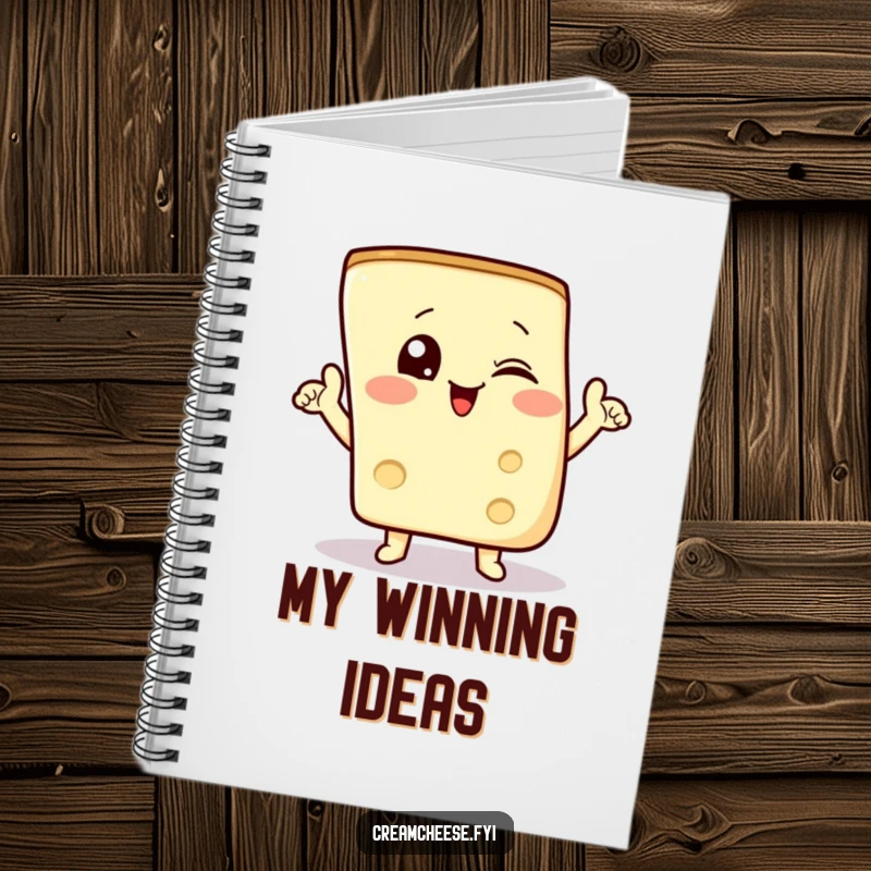 Funny notebook with a winking cream cheese wedge doing a triumphant pose, perfect for recipe notes.