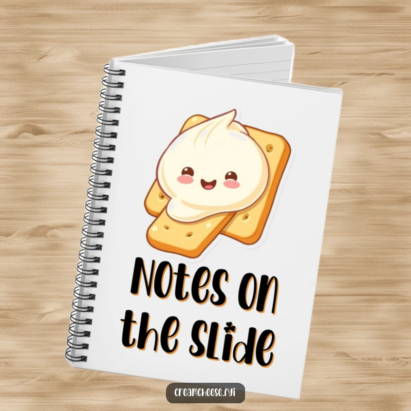 Funny cream cheese dollop sliding down a cracker, inside a notebook cover. A delightful and funny stationery item, perfect as a funny gift.