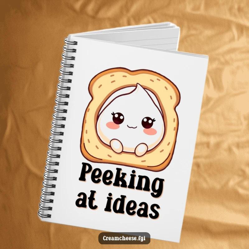 Funny notebook cover with a bubbly cream cheese character playfully peeking from a toasted bread hole, perfect for jotting down fun ideas.