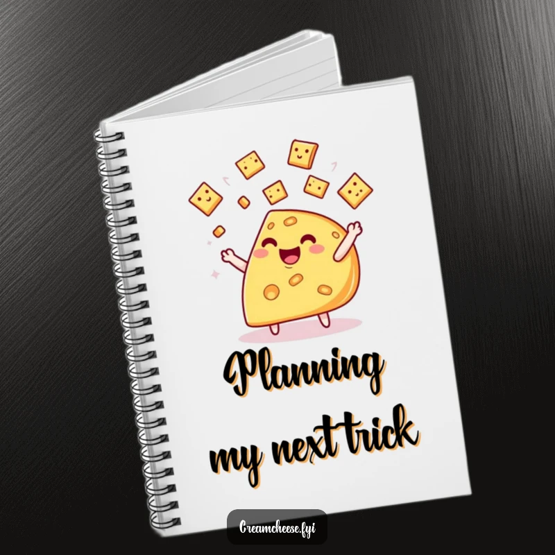 Funny cheese wedge notebook, with a whimsical character joyfully juggling miniature crackers, perfect for writing.