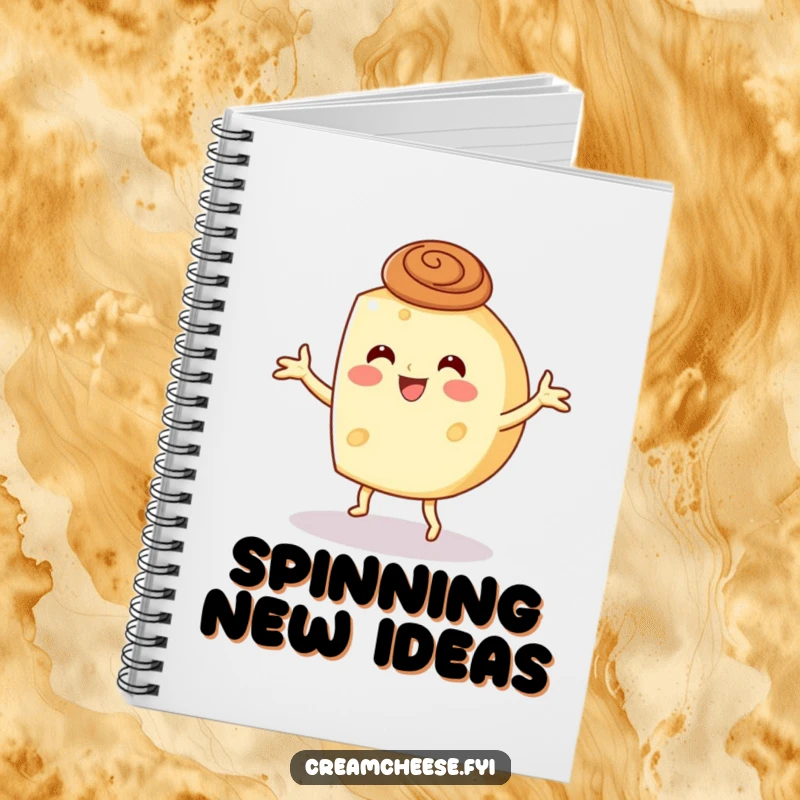 Funny cream cheese wheel dancing with a cinnamon swirl hat on a notebook cover, designed for lively thinkers.