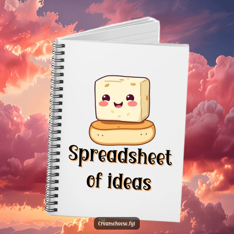 Funny cream cheese cube humorously poised on a bagel, inside a notebook cover. A delightful and funny stationery item, perfect as a funny gift.