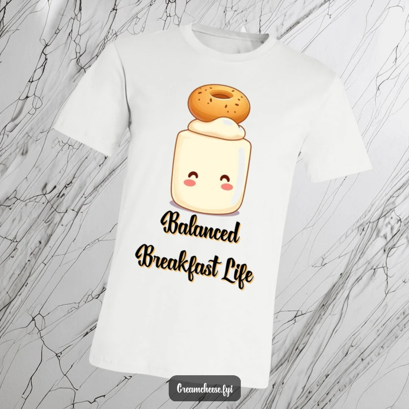 Funny t-shirt featuring a smiling cream cheese tub character balancing a small bagel on its head, showcasing breakfast skill.