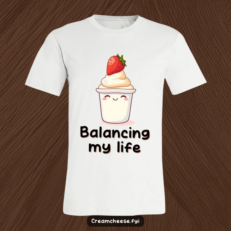 Funny T-Shirt: A giggling cream cheese tub balances a strawberry on its lid, humorous food design.