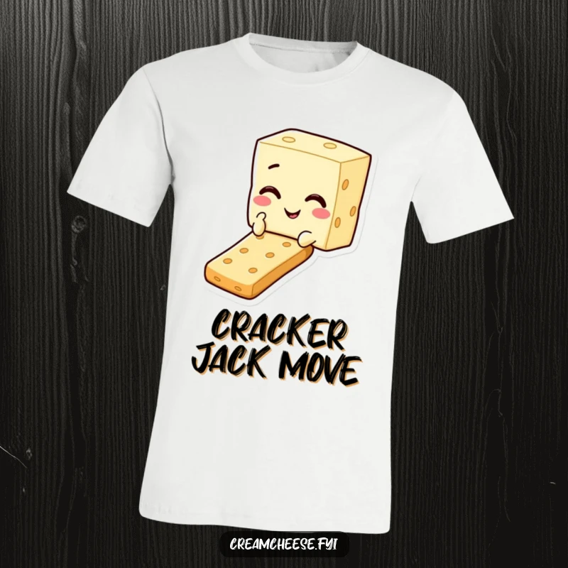 Funny t-shirt featuring a cheerful cream cheese square character winking and sliding down a cracker, showcasing snack enjoyment.