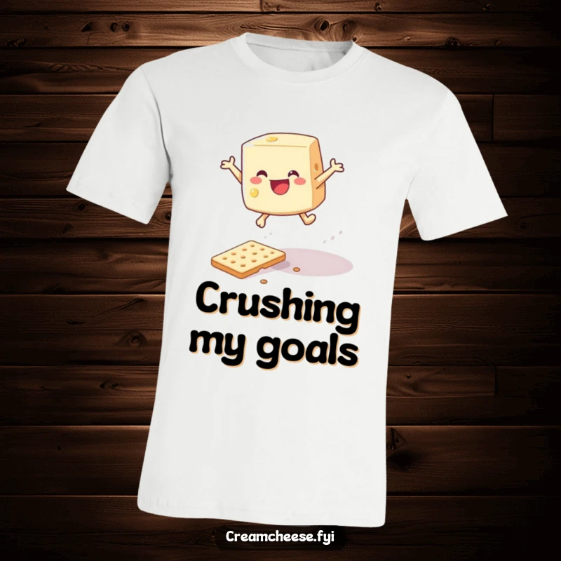 Funny cream cheese wedge character joyfully leaping over a fallen cracker, printed on a t-shirt.