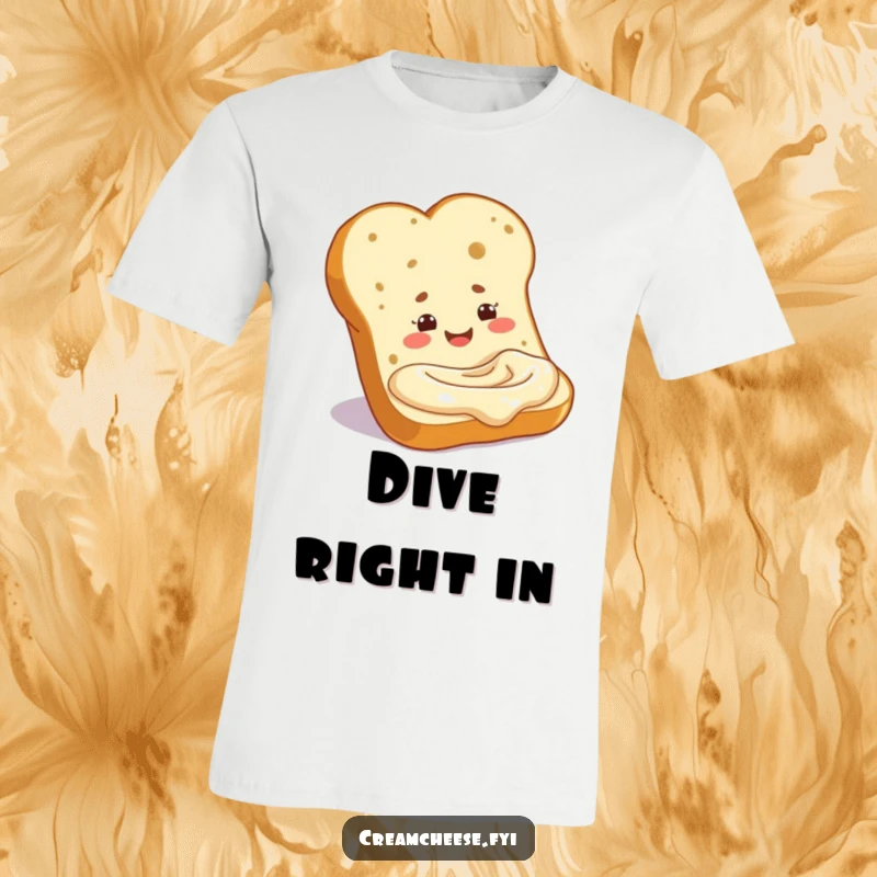 Funny baguette slice gleefully dipping into a cream cheese pool, featured on a t-shirt. A humorous and relatable food design, ideal for a funny gift.