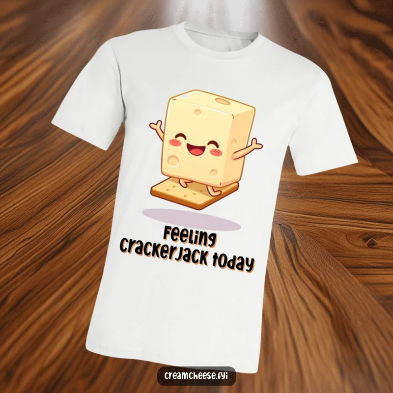 Funny Cream Cheese T-Shirt: A smiling cream cheese block performs a joyful hop on a cracker, a delightful scene.
