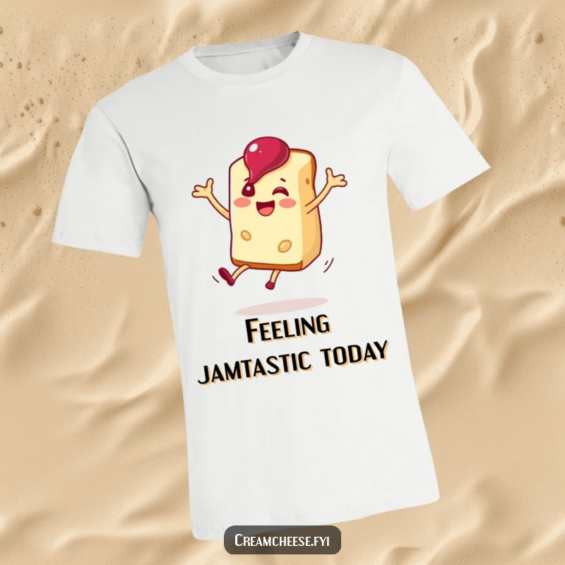 Funny cream cheese slice performing a happy cartwheel with a dollop of jam on top, printed on a t-shirt.