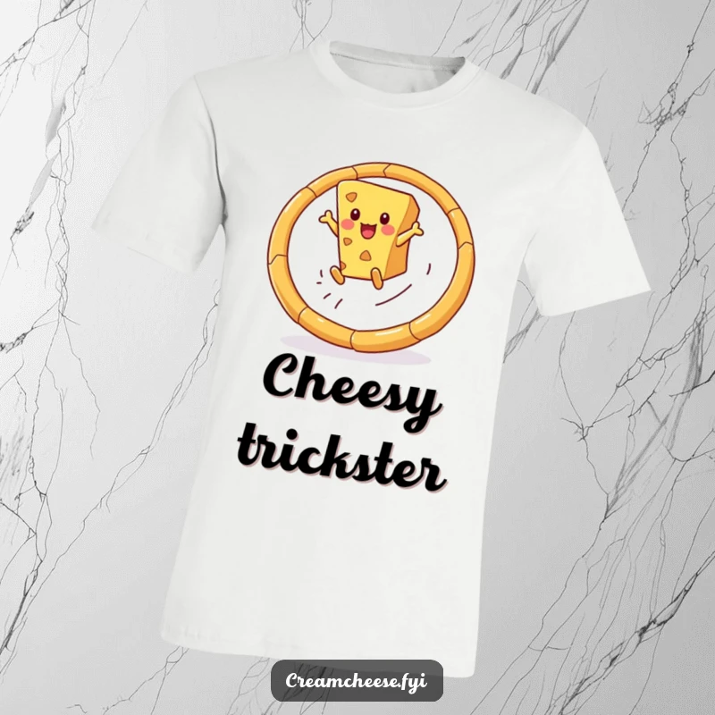 Funny t-shirt depicting a spirited cheese wedge mid-leap through a hoop made of breadsticks, celebrating agility and deliciousness.