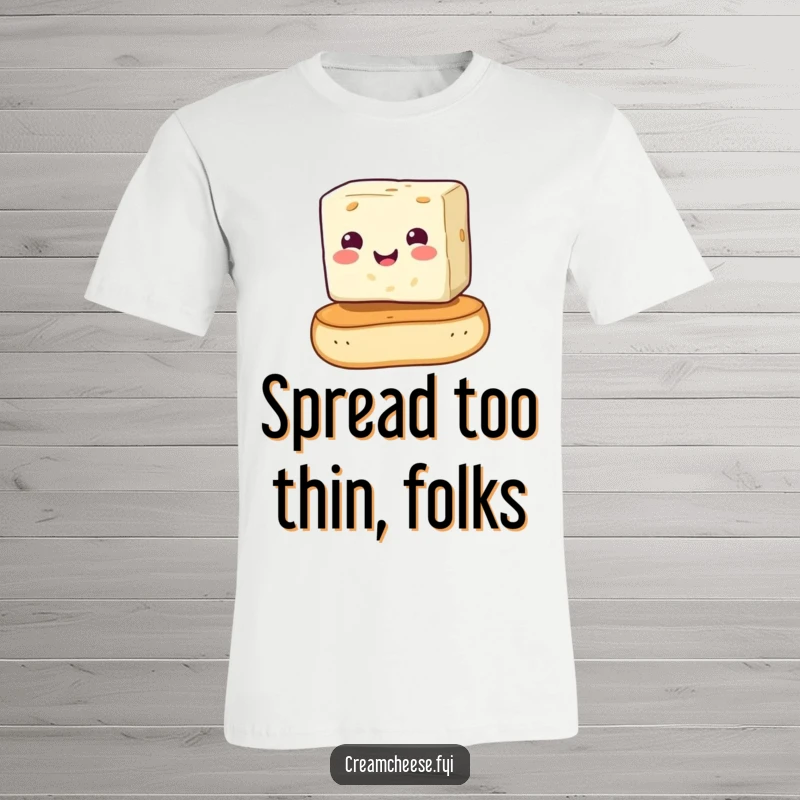 Funny cream cheese cube humorously balancing on a bagel, featured on a t-shirt. A delightful and comical breakfast character, ideal for a funny gift.