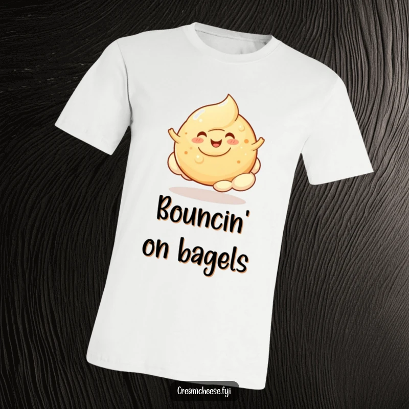 Funny Cream Cheese Blob T-Shirt: A cheerful cream cheese blob happily bounces on a soft bagel cloud, a delightful sight.
