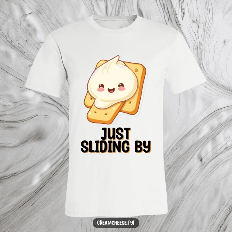 Funny cream cheese dollop playfully sliding down a cracker, featured on a t-shirt. A humorous and relatable snack design, ideal for a funny gift.