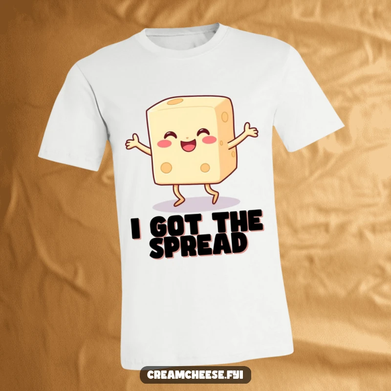 Funny happy cream cheese block with legs doing a joyful dance on a t-shirt, showcasing culinary fun.