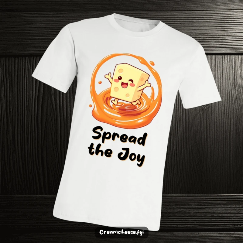 Funny t-shirt with a happy cream cheese block character leaping enthusiastically through a colorful swirl of jam, a breakfast celebration.