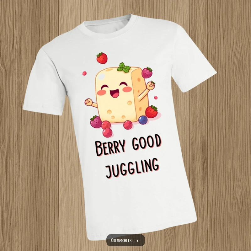 Funny cream cheese block t-shirt smiling and joyfully juggling small, sweet berries, a delightful treat for the eyes.