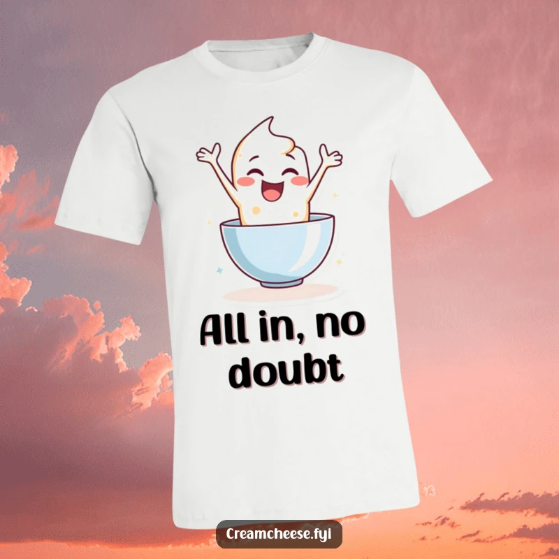 Funny t-shirt featuring an excited cream cheese character leaping into a mixing bowl, capturing pure enthusiasm.