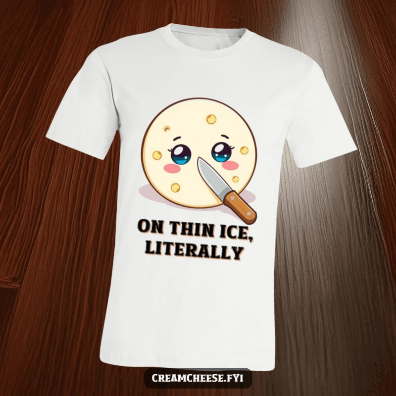 Funny cream cheese wheel t-shirt, wide-eyed and being sliced by a tiny knife, expressing comical food surprise.