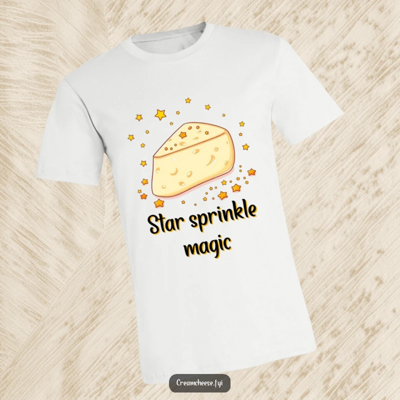 Funny Cream Cheese Stars T-Shirt: A cream cheese wedge gleefully scatters tiny edible golden stars, a dazzling display.