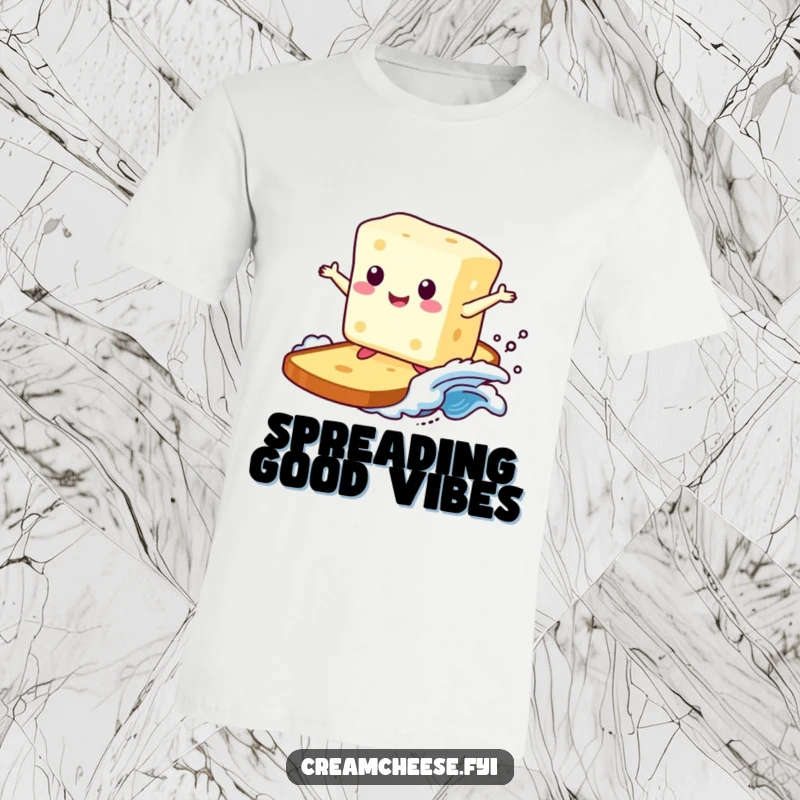 Funny T-shirt showcasing a cheerful cream cheese block expertly surfing a delicious toast wave, capturing a moment of pure, unadulterated breakfast joy.