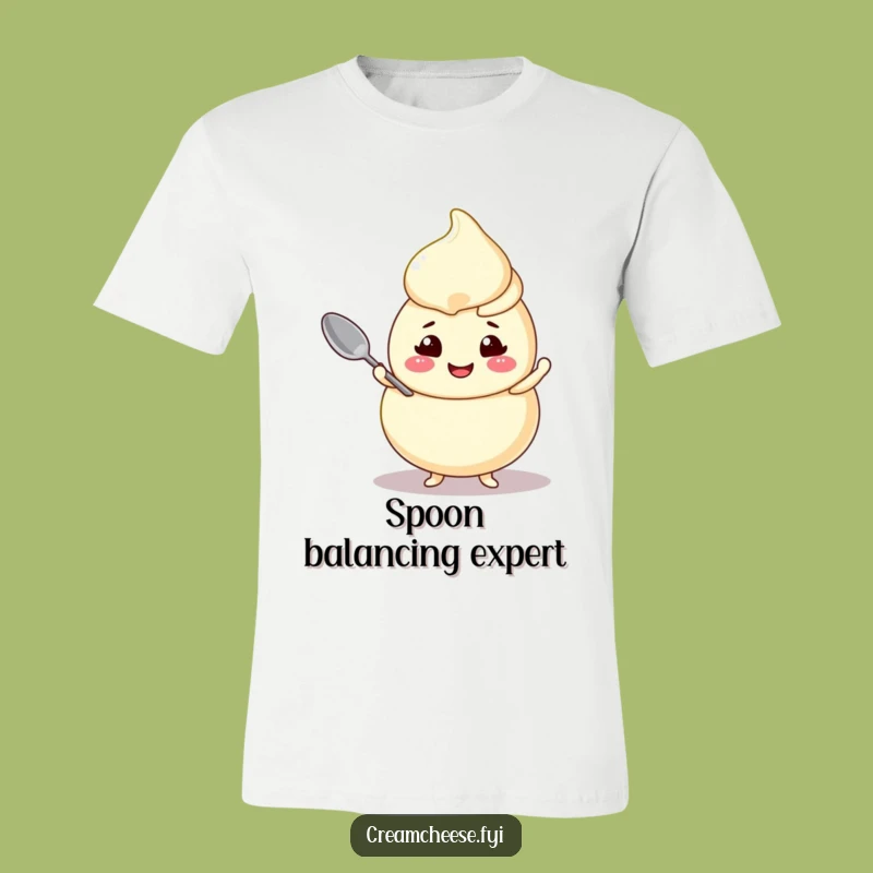Funny Cream Cheese Swirl T-Shirt With A Cheerful Character Balancing Spoon
