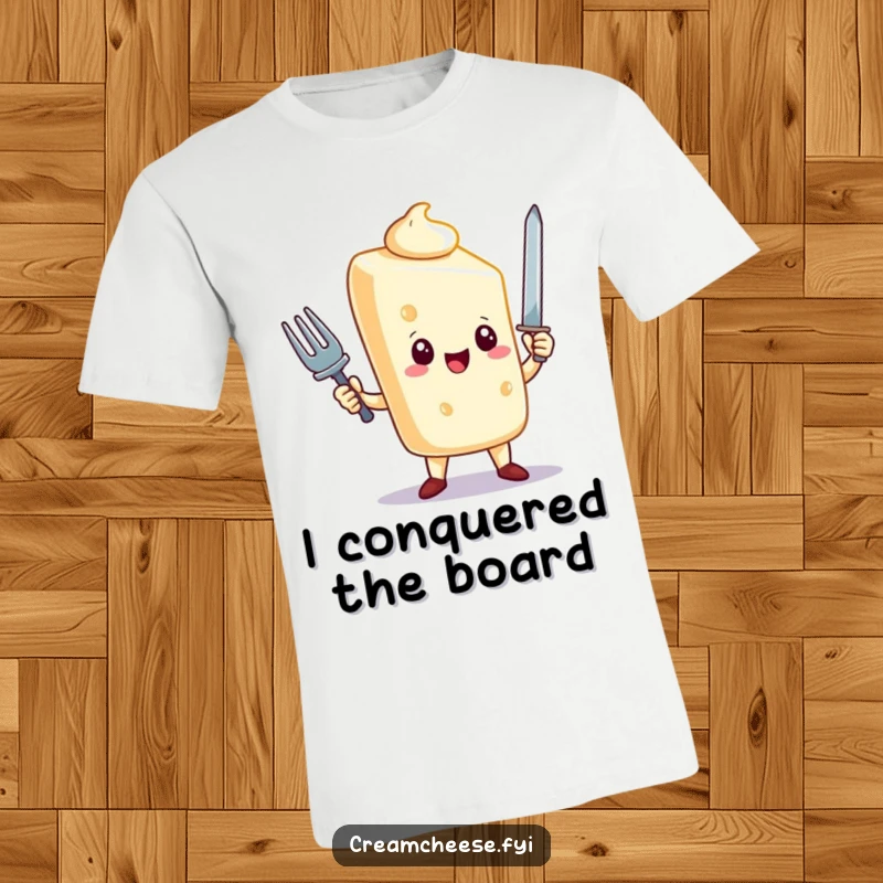 Funny cream cheese character shirt, triumphantly wielding a tiny fork like a sword, bold and heroic design, perfect funny gift.