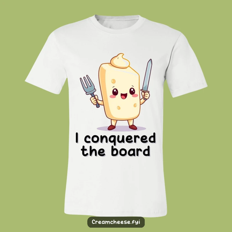 Funny Cream Cheese T-Shirt: Triumphant Hero Character with Fork Sword, Great Gift