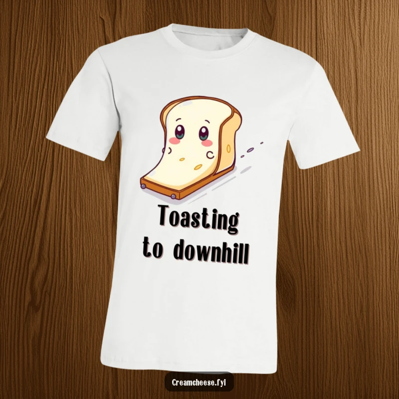 Funny Cream Cheese Toast Slide T-Shirt: A cream cheese character with eyes eagerly slides down a toast slope, a thrilling ride.