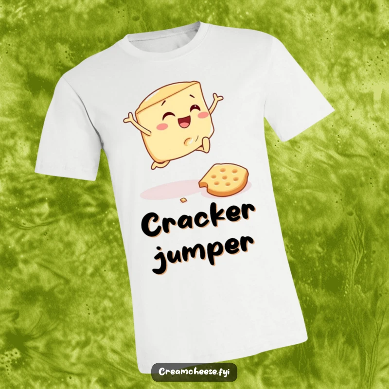 Funny t-shirt with a cream cheese wedge triumphantly leaping a fallen cracker, showcasing a playful and adventurous breakfast spirit.