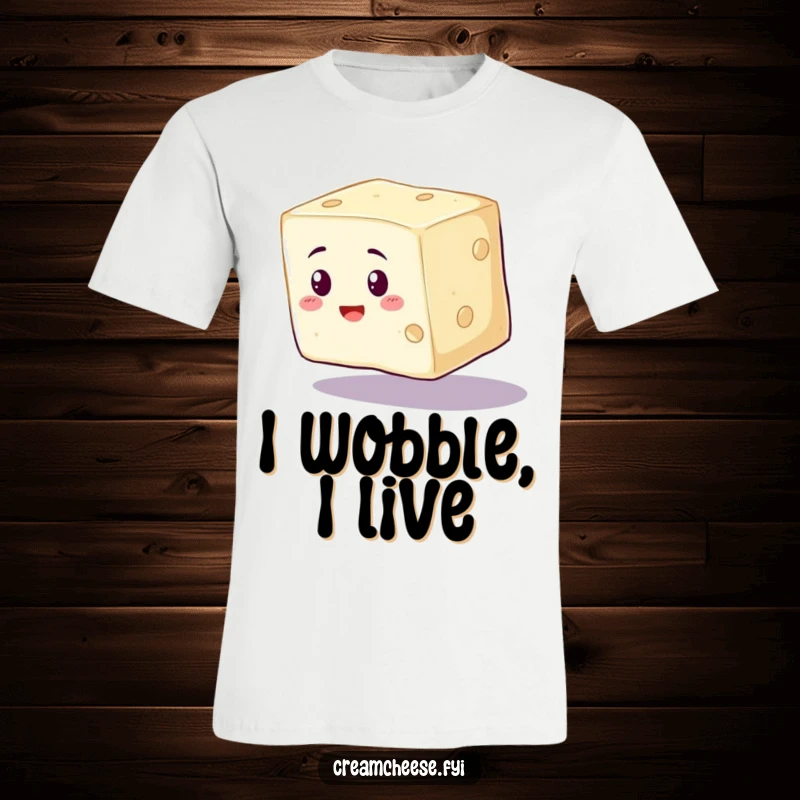 Funny Cream Cheese T-Shirt depicting a wobbly cream cheese cube wobbling precariously, ideal for foodies and lovers of puns.