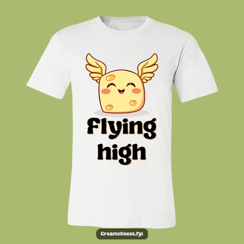 Funny Flying Cheese T-Shirt: Grinning Winged Dairy Adventure Tee
