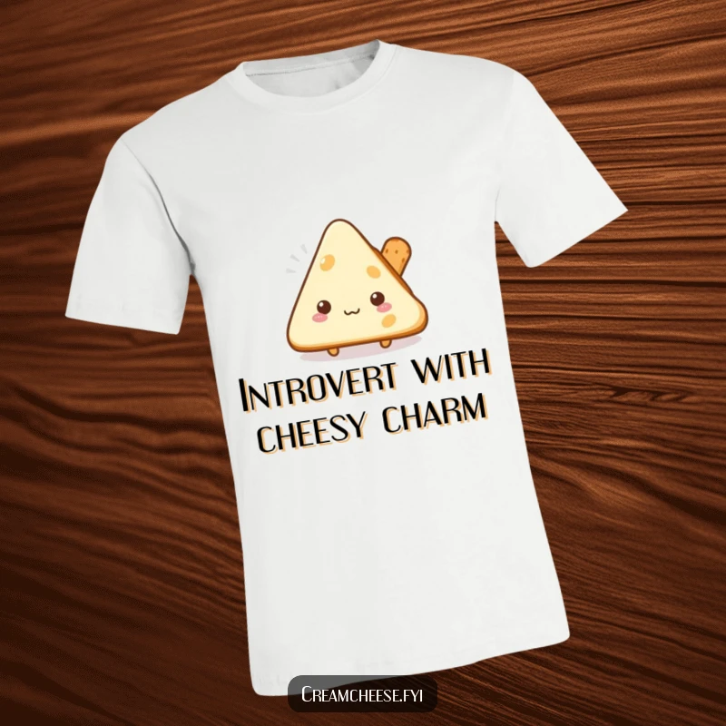 Funny shy cream cheese triangle t-shirt peeking from behind a breadstick, a comical representation of introversion.