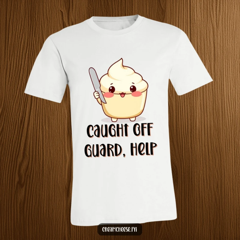Funny T-Shirt: Surprised cream cheese spread holding a tiny knife, lid ajar, humorous food design.