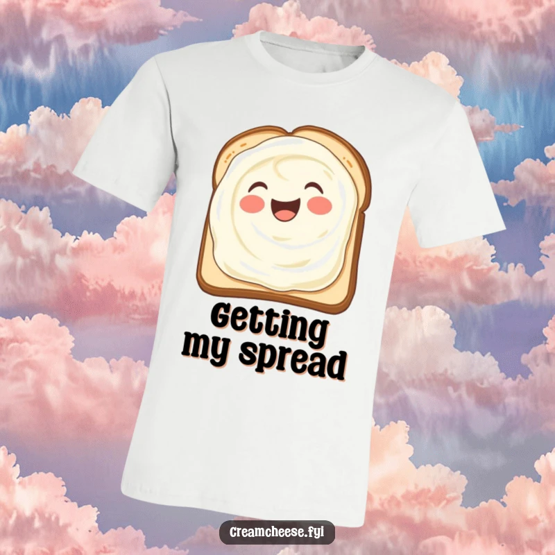 Funny t-shirt depicting a delighted cream cheese smear joyfully covering a piece of toast, celebrating breakfast perfection.