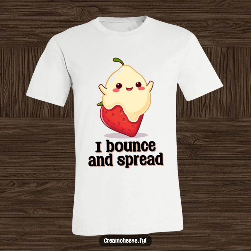 Funny t-shirt depicting a playful cream cheese blob joyfully bouncing on a strawberry, a picture of sweet, carefree fun.
