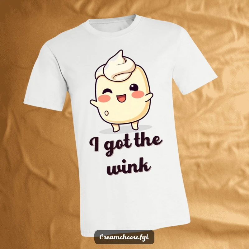 Funny T-Shirt with a playful cream cheese character attempting a wink using its spreadable surface, showcasing cheeky charm.