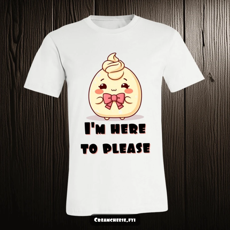 Funny T-Shirt with a charming cream cheese character bowing politely, offering a small portion, radiating cuteness and spreadable charm for wearers.