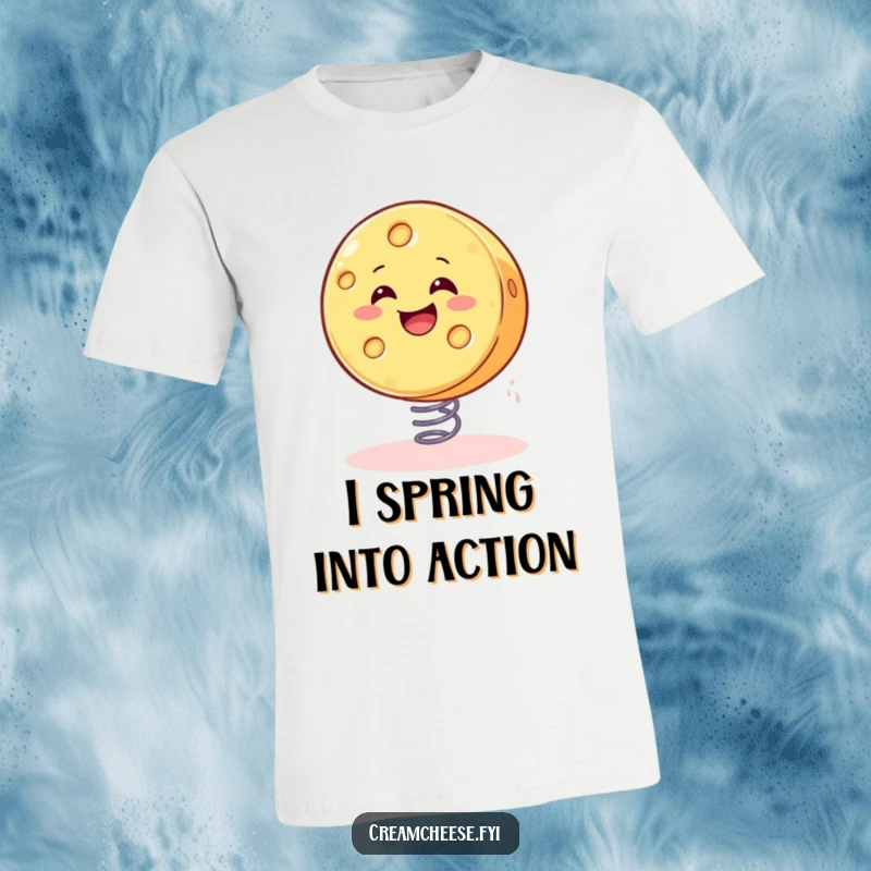 Funny cheese t-shirt graphic of a smiling wheel of cheese happily bouncing on a spring, conveying pure joy.