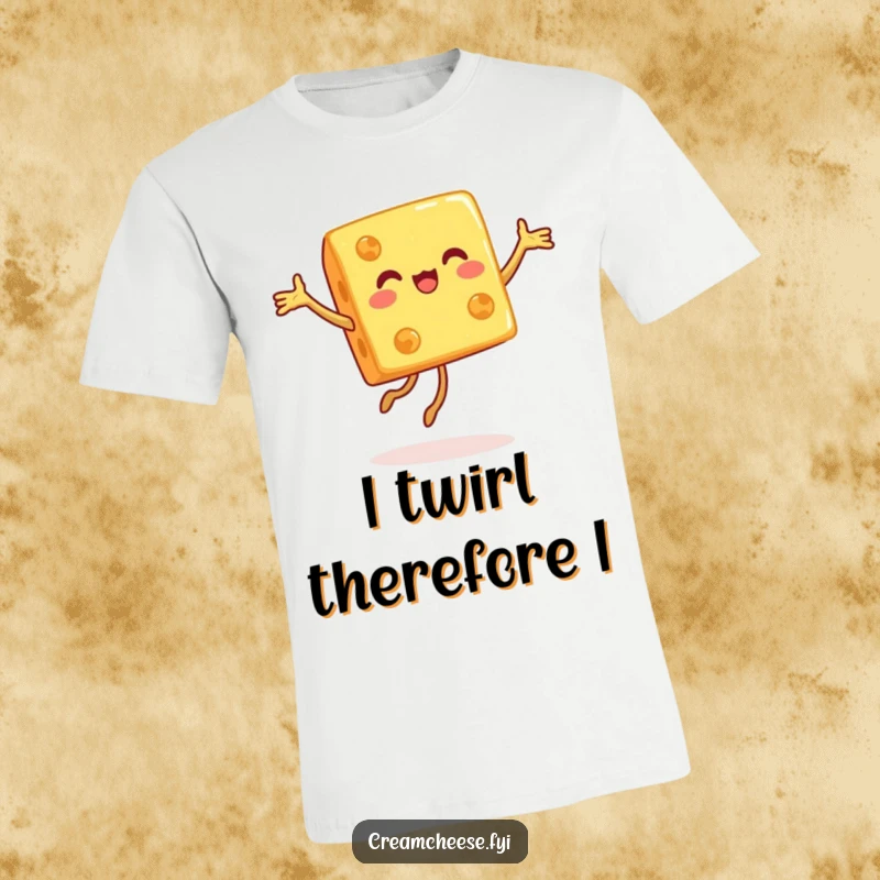 Funny t-shirt depicting a spirited cheese cube executing a joyful pirouette with a beaming smile, celebrating culinary artistry.