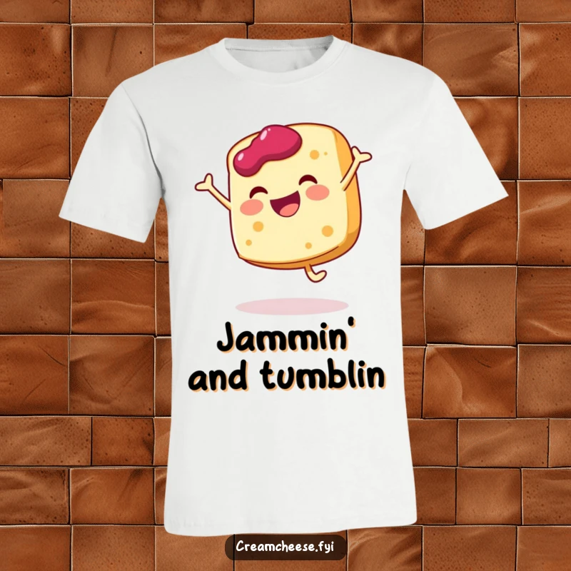 Funny cream cheese slice t-shirt doing a joyful cartwheel with a dollop of jam, with a happy, energetic expression.