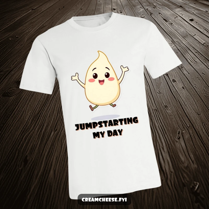 Funny cream cheese dollop t-shirt, depicting a character doing energetic jumping jacks with a wide, happy smile.
