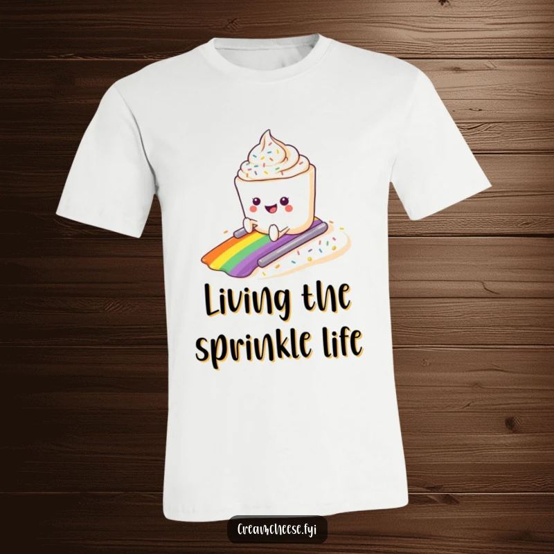 Funny cream cheese tub character gleefully sliding down a colorful rainbow sprinkle slope, printed on a t-shirt.