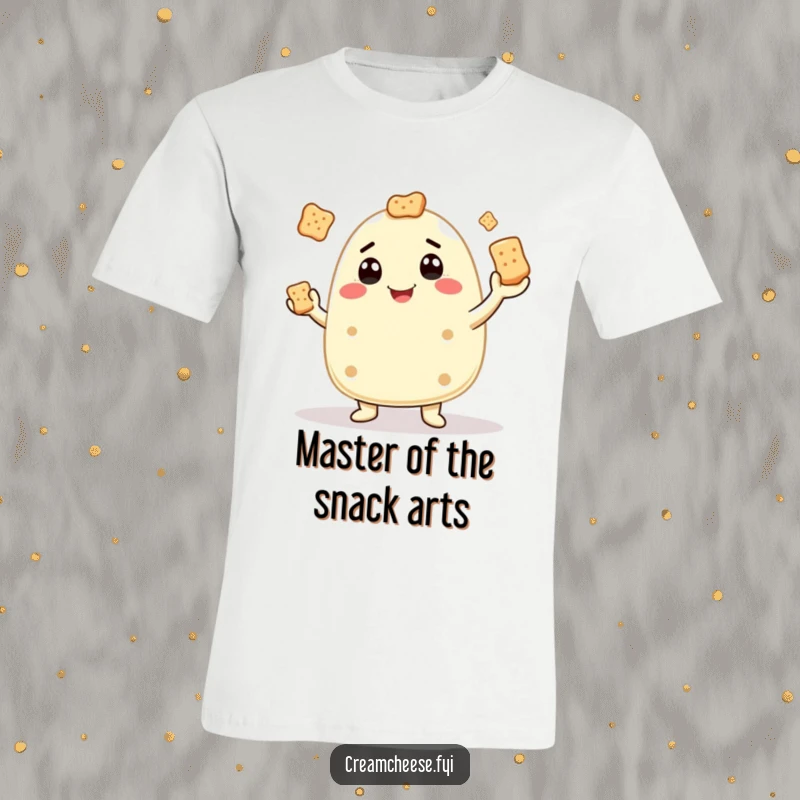 Funny t-shirt featuring a grinning cream cheese character skillfully juggling crackers, showcasing pure cheesy fun.